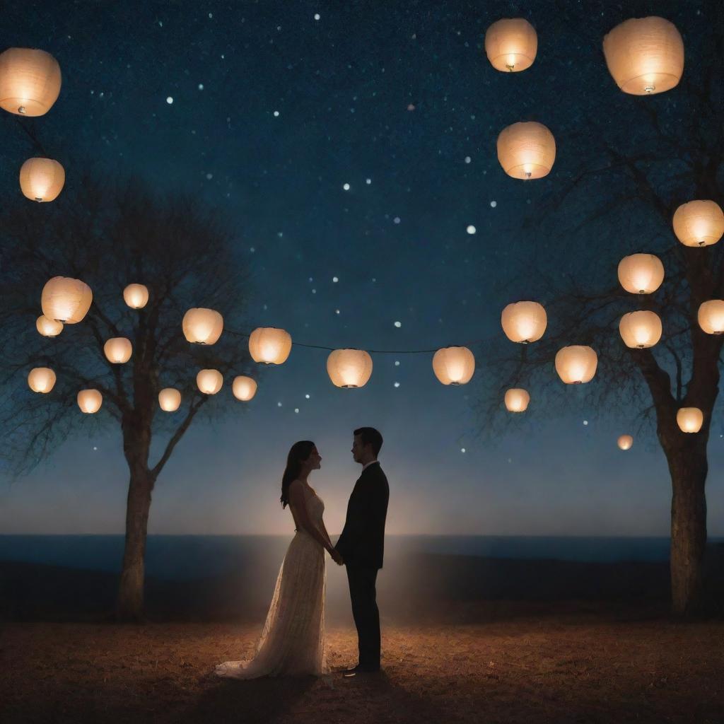 Two lovers gazing into each other's eyes under a starlit sky, surrounded by softly glowing lanterns giving off warm light against the serene night backdrop