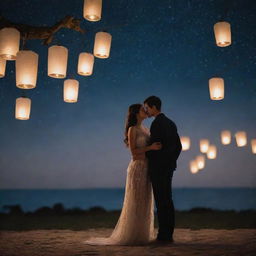 Two lovers gazing into each other's eyes under a starlit sky, surrounded by softly glowing lanterns giving off warm light against the serene night backdrop