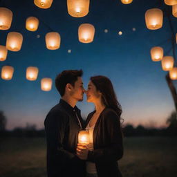 Two lovers gazing into each other's eyes under a starlit sky, surrounded by softly glowing lanterns giving off warm light against the serene night backdrop