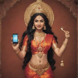 Durga, the Hindu goddess, holding a modern mobile phone in her hand