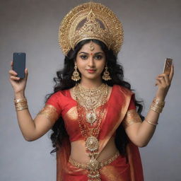 Durga, the Hindu goddess, holding a modern mobile phone in her hand