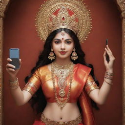 Durga, the Hindu goddess, holding a modern mobile phone in her hand