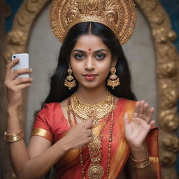 Durga, the Hindu goddess, holding a modern mobile phone in her hand