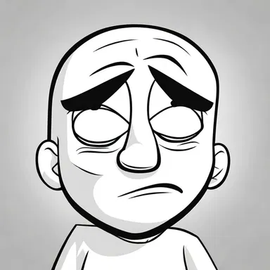 The woebegone expression on the cartoon character's face conveyed his sadness and grief.