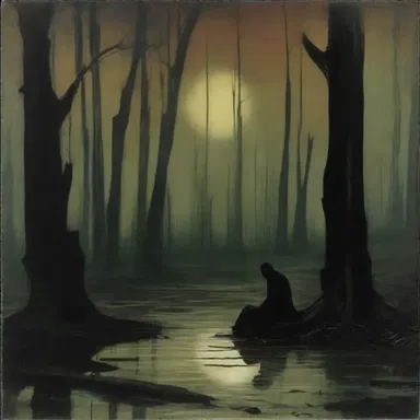The artist used dark, somber colors to depict a scene that was woebegone and full of woe.