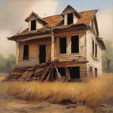 The artist beautifully captured the woebegone spirit of a dilapidated house in his painting.
