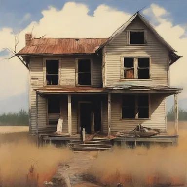 The artist beautifully captured the woebegone spirit of a dilapidated house in his painting.