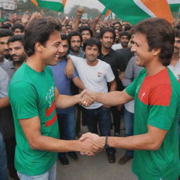 A 20-year-old young man named Adil King wearing a PTI colored T-shirt, shaking hands with PTI Chairman Imran Khan. PTI flags wave in the background with a crowd of PTI supporters. The image is in the style of a realistic 3D art painting.