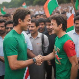 A 20-year-old young man named Adil King wearing a PTI colored T-shirt, shaking hands with PTI Chairman Imran Khan. PTI flags wave in the background with a crowd of PTI supporters. The image is in the style of a realistic 3D art painting.