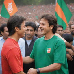 A 20-year-old young man named Adil King wearing a PTI colored T-shirt, shaking hands with PTI Chairman Imran Khan. PTI flags wave in the background with a crowd of PTI supporters. The image is in the style of a realistic 3D art painting.