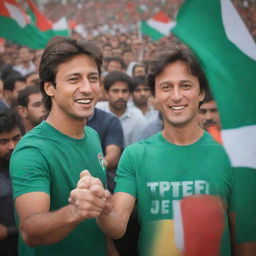 A 20-year-old young man named Adil King wearing a PTI colored T-shirt, shaking hands with PTI Chairman Imran Khan. PTI flags wave in the background with a crowd of PTI supporters. The image is in the style of a realistic 3D art painting.