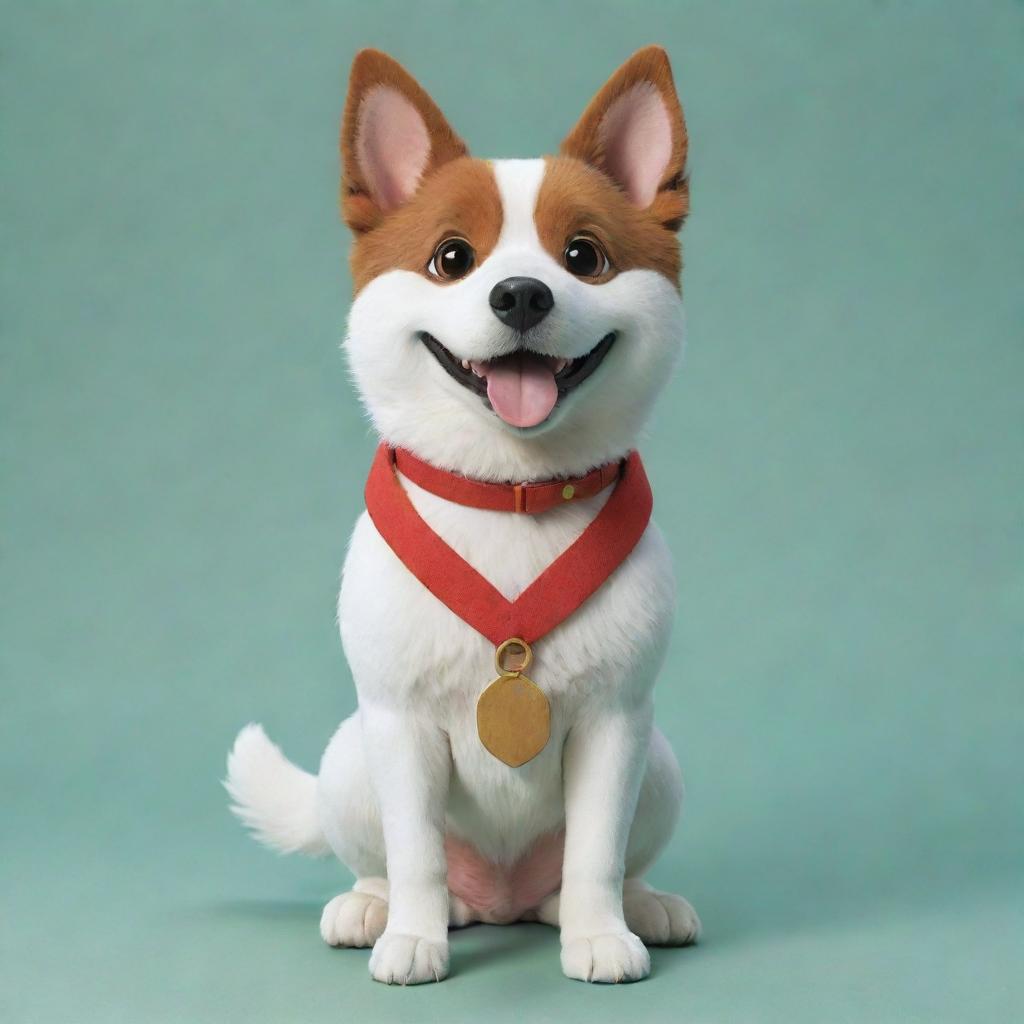 A cute, friendly dog character in the unique and charming style of Studio Ghibli.