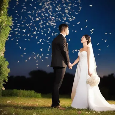 Under the moonlit sky, the couple released silkworm moths into the air as a symbol of their everlasting love.