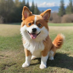 A charming Studio Ghibli style dog, animated with vibrantly colored fur and expressive eyes, bathed in a gentle sunlit landscape.