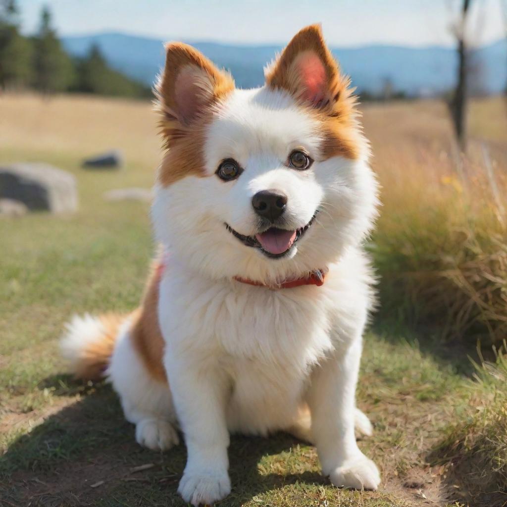 A charming Studio Ghibli style dog, animated with vibrantly colored fur and expressive eyes, bathed in a gentle sunlit landscape.