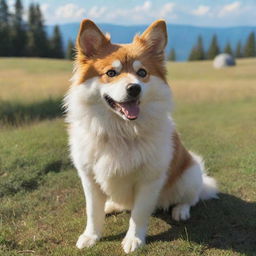 A charming Studio Ghibli style dog, animated with vibrantly colored fur and expressive eyes, bathed in a gentle sunlit landscape.