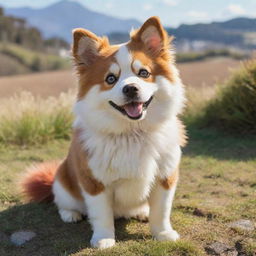 A charming Studio Ghibli style dog, animated with vibrantly colored fur and expressive eyes, bathed in a gentle sunlit landscape.