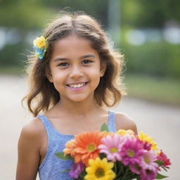 A young girl carrying a bouquet of multi-colored flowers, with a gentle smile on her face. The background is out of focus to highlight her and the flowers.