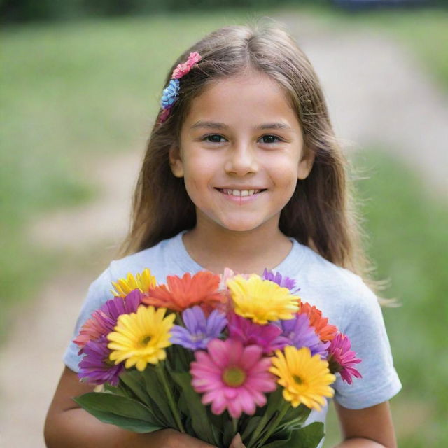 A young girl carrying a bouquet of multi-colored flowers, with a gentle smile on her face. The background is out of focus to highlight her and the flowers.