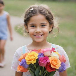 A young girl carrying a bouquet of multi-colored flowers, with a gentle smile on her face. The background is out of focus to highlight her and the flowers.