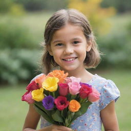 A young girl carrying a bouquet of multi-colored flowers, with a gentle smile on her face. The background is out of focus to highlight her and the flowers.