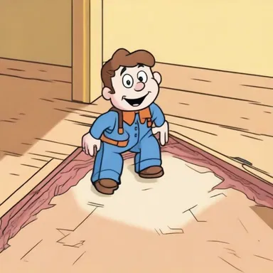 In the cartoon, the character slipped and fell through the opening in the floor created by the trimmer joist.
