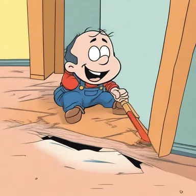 In the cartoon, the character slipped and fell through the opening in the floor created by the trimmer joist.