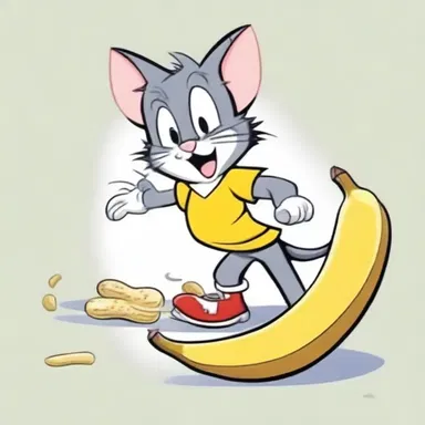 In the cartoon, Tom and Jerry, Tom stepped on a peg and slipped on a banana peel.