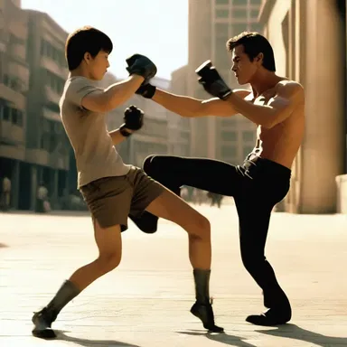In the action movie, the protagonist kick fights the villain with his peg, showcasing its functionality as a prosthesis.