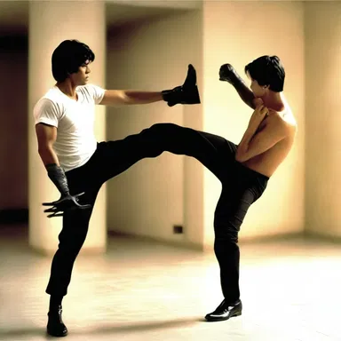 In the action movie, the protagonist kick fights the villain with his peg, showcasing its functionality as a prosthesis.
