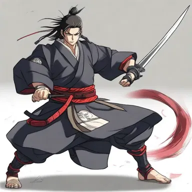 The anime character, a courageous samurai, confidently battles against evil forces with the help of his powerful peg, allowing him to move swiftly despite his missing leg.