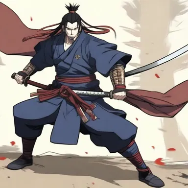 The anime character, a courageous samurai, confidently battles against evil forces with the help of his powerful peg, allowing him to move swiftly despite his missing leg.