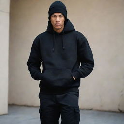 A man stylishly dressed in a black hoodie, black beanie, and black cargo pants, exuding a mysterious vibe.