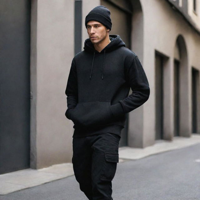 A man stylishly dressed in a black hoodie, black beanie, and black cargo pants, exuding a mysterious vibe.