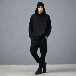 A man stylishly dressed in a black hoodie, black beanie, and black cargo pants, exuding a mysterious vibe.