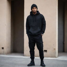 A man stylishly dressed in a black hoodie, black beanie, and black cargo pants, exuding a mysterious vibe.