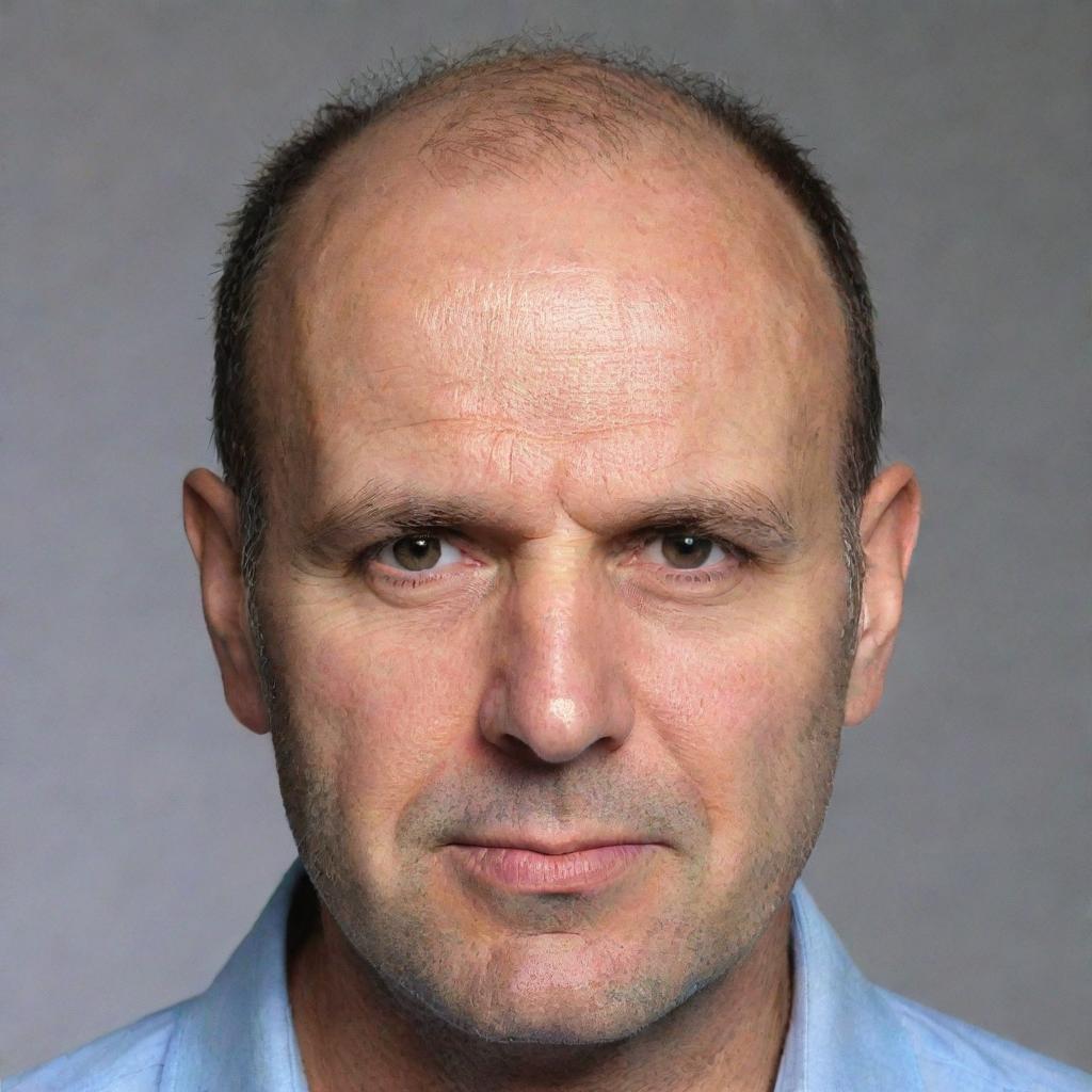 A middle-aged man with stage 4 hair loss, portraying his unique baldness pattern as a significant feature of his appearance.