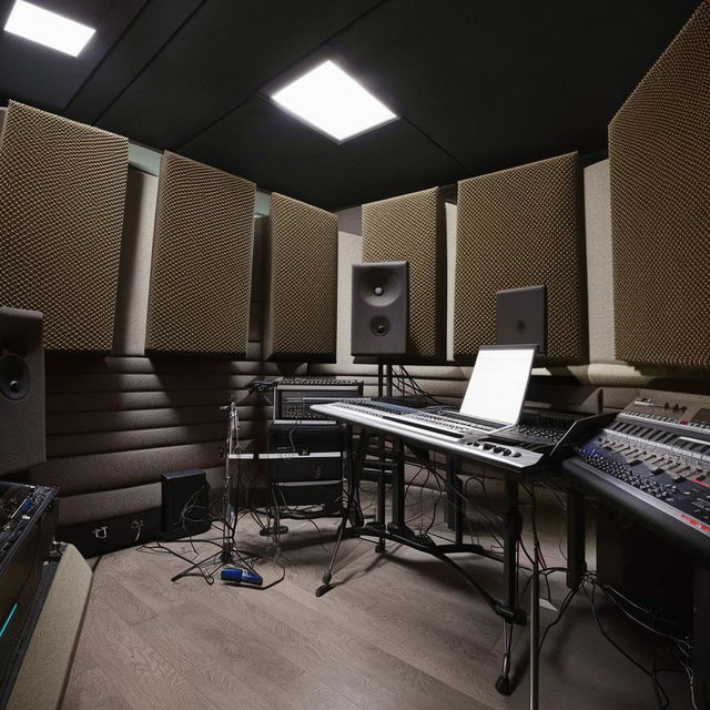 A single-room studio designed with acoustic features. It has foam panels on the walls, a sound mixer in the corner, and instruments neatly arranged around the room.