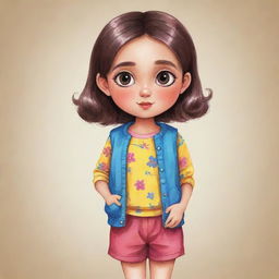 A cute cartoon drawing of a girl with big eyes, wearing colorful clothes, standing in a cheerful setting.