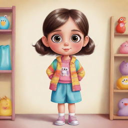 A cute cartoon drawing of a girl with big eyes, wearing colorful clothes, standing in a cheerful setting.