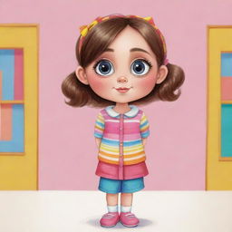 A cute cartoon drawing of a girl with big eyes, wearing colorful clothes, standing in a cheerful setting.