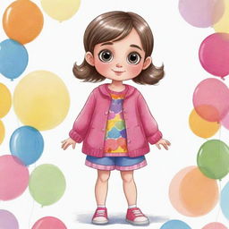 A cute cartoon drawing of a girl with big eyes, wearing colorful clothes, standing in a cheerful setting.