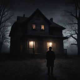 Create a chilling scene from a classic horror movie. Visible elements include eerie shadows, a dimly lit, abandoned house, and a figure with glowing eyes lurking in the darkness.