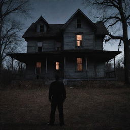 Create a chilling scene from a classic horror movie. Visible elements include eerie shadows, a dimly lit, abandoned house, and a figure with glowing eyes lurking in the darkness.