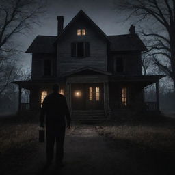 Create a chilling scene from a classic horror movie. Visible elements include eerie shadows, a dimly lit, abandoned house, and a figure with glowing eyes lurking in the darkness.