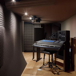 A single-room studio designed with acoustic features. It has foam panels on the walls, a sound mixer in the corner, and instruments neatly arranged around the room.