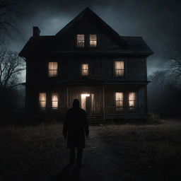 Create a chilling scene from a classic horror movie. Visible elements include eerie shadows, a dimly lit, abandoned house, and a figure with glowing eyes lurking in the darkness.