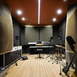 A single-room studio designed with acoustic features. It has foam panels on the walls, a sound mixer in the corner, and instruments neatly arranged around the room.