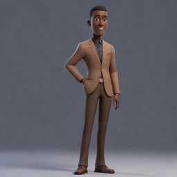 A tall, animated cartoon man with dark skin complexion, wearing trendy attire