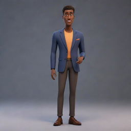 A tall, animated cartoon man with dark skin complexion, wearing trendy attire